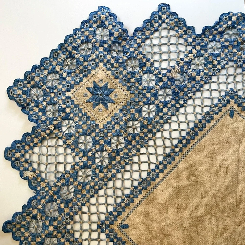 Antique Hand Embroidered Hardanger Lace Table Topper Doily Vintage Blue Natural